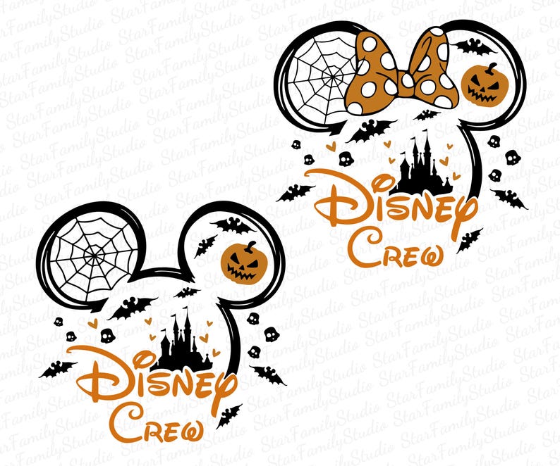 May include: Black and orange Halloween-themed Disney Crew design featuring Mickey Mouse ears with a spiderweb, bats, and a pumpkin. The text "Disney Crew" is in orange.