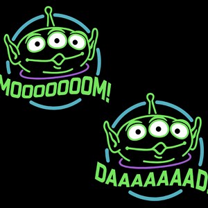 May include: Two green alien characters with three eyes, outlined in neon green, with the phrases "MOOOOOM!" and "DAAAAAAD!" in neon green. The aliens are set against a black background, with a blue and purple circular design.