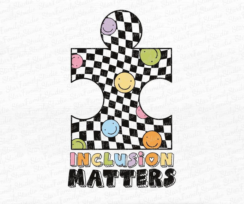May include: A black and white checkered puzzle piece with smiling faces in various colors. The text "Inclusion Matters" is written below the puzzle piece.