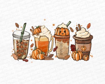 May include: An illustration of four fall-themed beverages. The drinks include a bubble tea, a latte with whipped cream and a pumpkin, a pumpkin-faced drink, and a coffee with whipped cream and cinnamon sticks. Pumpkins and fall leaves are scattered around the drinks.