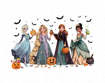 Retro Halloween Cartoon Princess Png, Spooky Season Png, Trick Or Treat Png, Princesses Witch Halloween Png, Trendy Girly Halloween Png