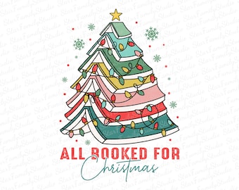 May include: A Christmas tree made of stacked books with colorful lights. The text "ALL BOOKED FOR CHRISTMAS" is below the tree.