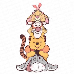 以下が含まれることがあります： ピグレット、ティガー、イーヨーを含む、くまのプーさんのキャラクターのスタック。キャラクターは、明るい色とシンプルな線で描かれた漫画スタイルです。