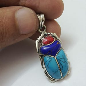 925 Silver Scarab Pendant with Turquoise, Lapis & Coral – Handmade Jewelry