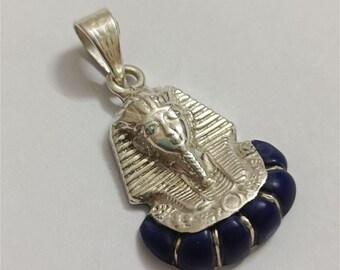 アンティーク925シルバーファラオペンダント - エジプト風ブルー 