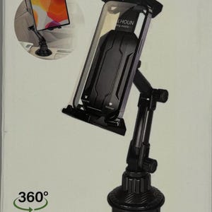 May include: A black car cup holder with a 360 degree rotating phone mount. The mount has a clamp that can hold phones between 4.0 and 14 inches. The holder has a reserved port for charging. The text "GOOD QUALITY DARE TO PROMISE" is printed on the packaging.