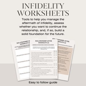 K&ouml;nnte beinhalten: Drei druckbare Arbeitsbl&auml;tter mit dem Titel "Beziehung nach Untreue" mit Fragen, die helfen, die Folgen von Untreue zu bew&auml;ltigen und eine Beziehung wiederaufzubauen.