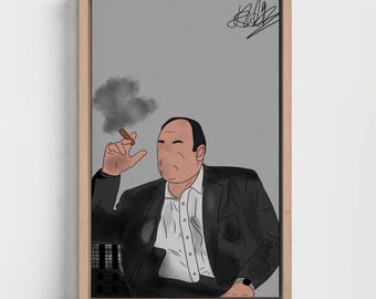 May include: Illustration of a man in a black suit, white shirt, and a watch, holding a lit cigar with smoke. The artwork is in a wooden frame against a gray background. A signature is in the upper right corner.