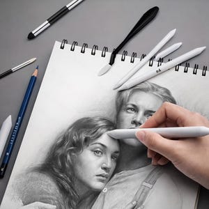 Può includere: Un disegno a matita di una coppia è in lavorazione con una sfumino bianco. Diversi sfumini bianchi, una matita blu e uno stilo nero sono su una superficie grigia. Il disegno è in un quaderno a spirale.