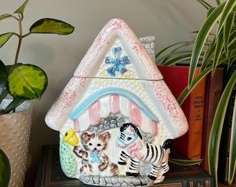 Vintage Napco Ceramic Cookie Jar from the 1960s, Kitschy Zoo House / Cottage with Animals, Bear and Zebra, Painted in Pastels, Made in Japan