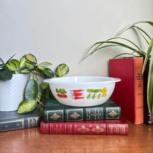 May include: White, round mixing bowl with a vegetable design. The bowl features illustrations of carrots, radishes, and other vegetables in red, yellow, and green. The bowl is sitting on top of a stack of books.
