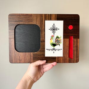 Vintage 1970s Wood and Tile Rooster Painted Cheese Board, MCM Charcuterie Plate with Retro Rooster and Natural and Black Wood