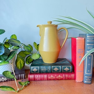 Puede incluir: Una jarra de cerámica de color amarillo mostaza con tapa, colocada sobre una pila de libros antiguos. Los libros están encuadernados en rojo, verde y azul, con letras doradas. Una planta de interior con hojas verdes está en primer plano.