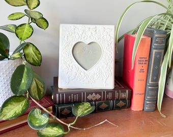 Vintage 1990s White Porcelain 3.5&quot; x 3.5&quot; Photo / Picture Frame with Embossed Flower / Floral and Bow Details