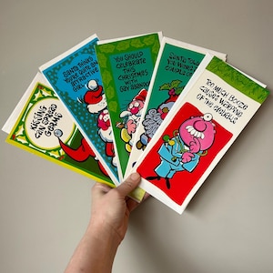 Cartes de Noël fantaisie des années 1970, cartes de voeux de Noël vintage kitsch racés, cartes de vœux humour kitsch drôle - lot 1