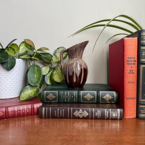 Peut inclure: Une cruche en céramique marron et beige avec une anse est posée sur une pile de livres anciens. Les livres sont de couleurs variées, dont le rouge et le vert, et sont disposés sur une surface en bois. Une plante en pot avec des feuilles vertes et jaunes est à gauche.