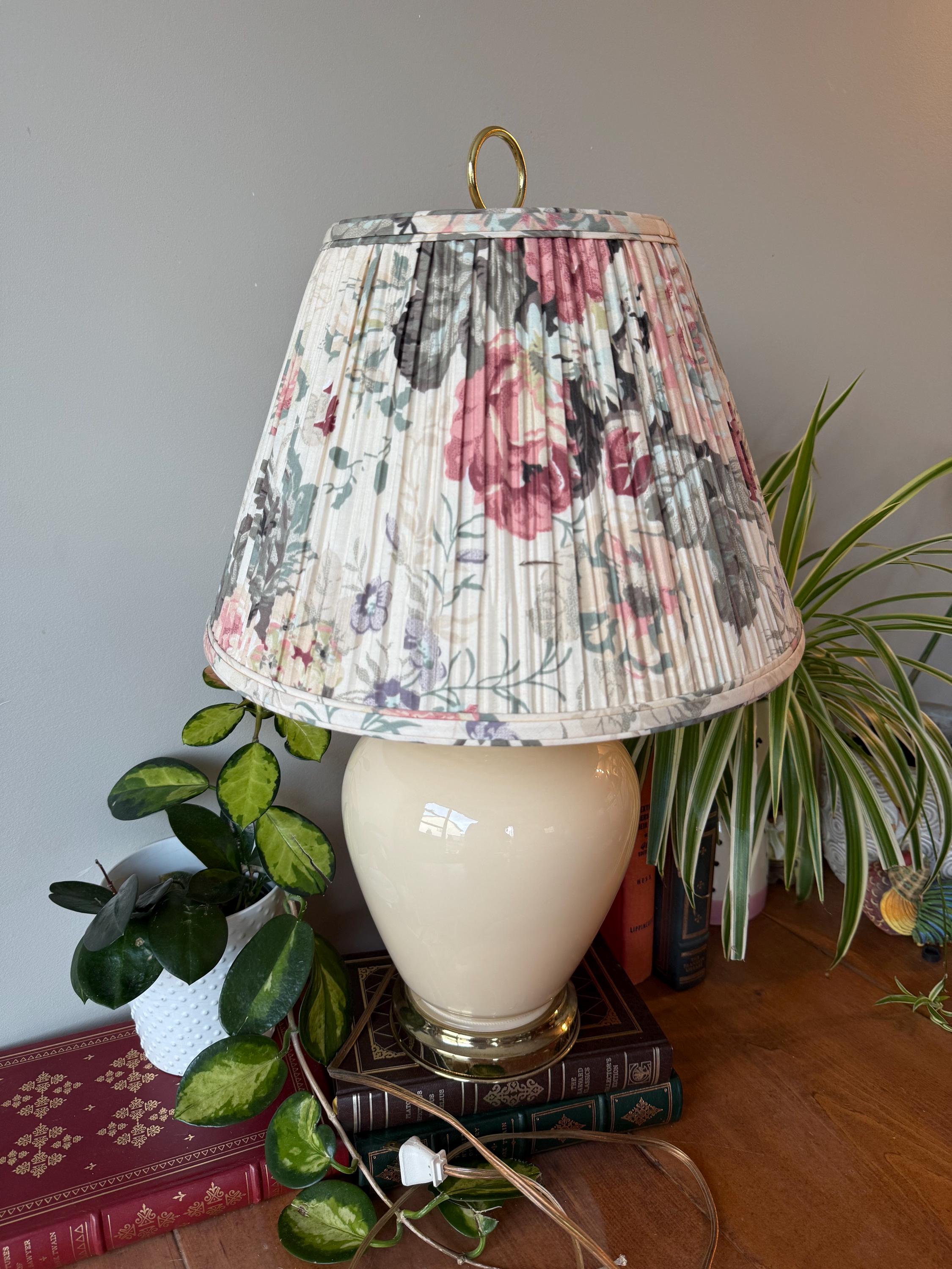 Vintage 1990s Floral Gathered Lampshade With Cream Colour Glass