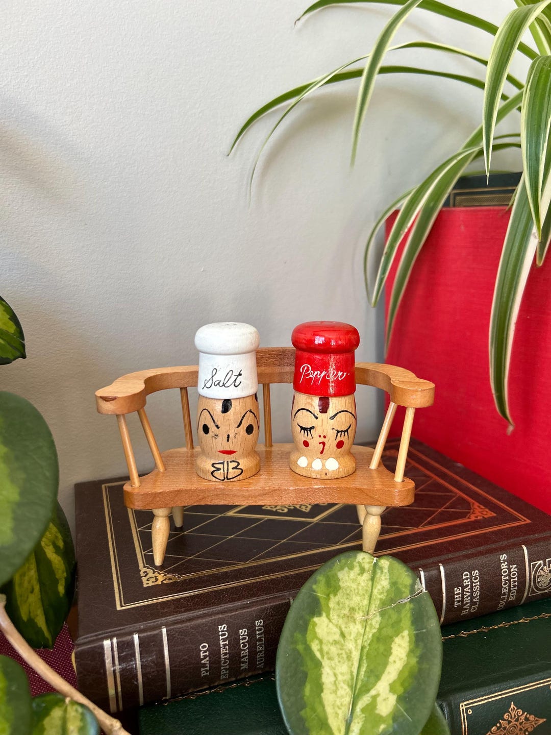 1960s Mid Century Modern Vintage Hand Painted Wood Chef Salt and