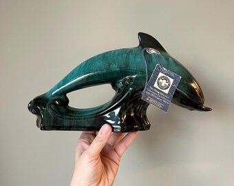 Vintage Blue Mountain Pottery Dolphin, Green Drip Glaze, MCM Decor