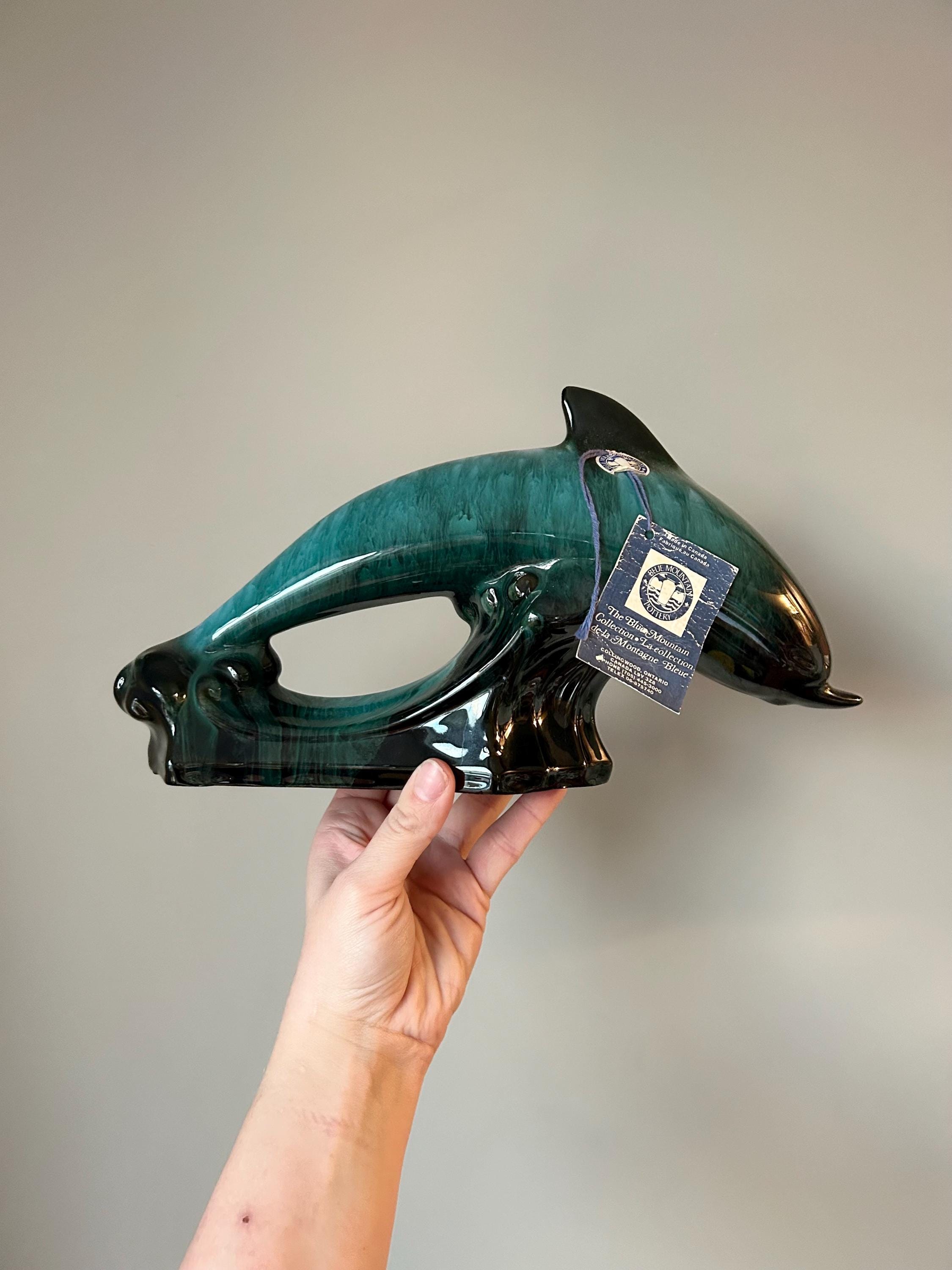 Vintage Blue Mountain Pottery Dolphin, Green Drip Glaze, MCM Decor