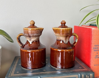 Vintage Drip Glaze Stoneware Pitcher Set, Mid Century Modern Oil and Vinegar Bottles