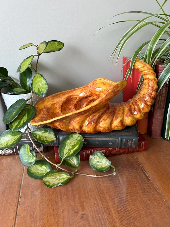Vintage Brown Drip Glaze Cornucopia, Atlantic Mold Ceramic Horn of