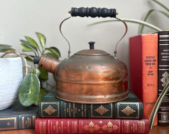 Vintage 1940s Mid Century Copper Whistling Tea Kettle With Wooden Handle