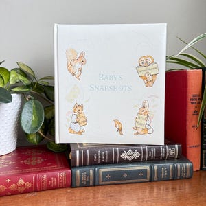 以下が含まれることがあります： 「Baby's Snapshots」と書かれた、水色のベビーフォトアルバム。漫画の動物のイラストが描かれています。アルバムは、様々な色とデザインのアンティーク本の山の上に置かれています。小さな鳥も描かれています。