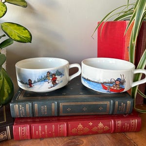 May include: Two white ceramic soup bowls with colorful illustrations. One bowl features a winter scene with skiers and the other shows a person fishing in a boat. The bowls are stacked on top of three books with gold lettering.