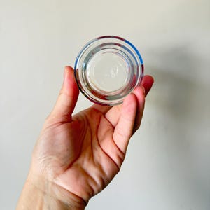 May include: A clear, round glass object with a colorful rim of blue, red, and green. The object is held in a hand against a plain background. The glass appears to be a small container or lid.