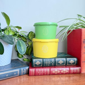 Peut inclure: Deux récipients en plastique vintage, l'un vert citron et l'autre jaune, empilés. Chaque récipient a un couvercle et un motif floral décoratif. Ils sont posés sur une pile de livres anciens.