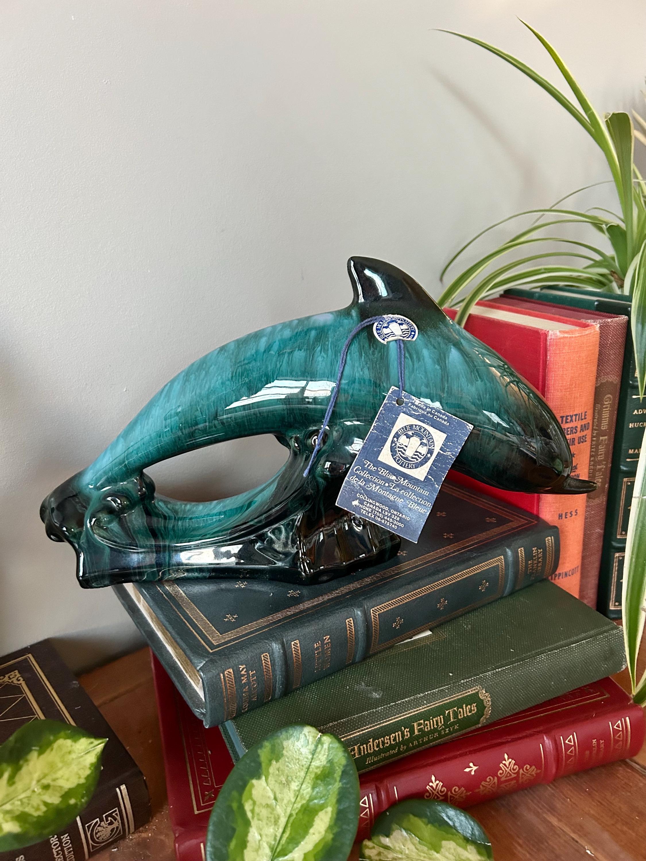 Vintage Blue Mountain Pottery Dolphin Figurine, Green Drip Glaze