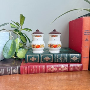 May include: A pair of vintage ceramic salt and pepper shakers with brown lids and a harvest design. The white shakers have the letters "S" and "P". They are displayed on a stack of antique books with red and green covers, evoking a classic aesthetic.