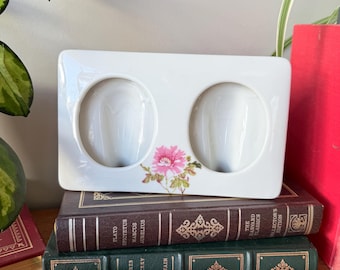 Vintage 90s Porcelain Double Oval Photo Frame: Pink Rose Floral Decor - US01