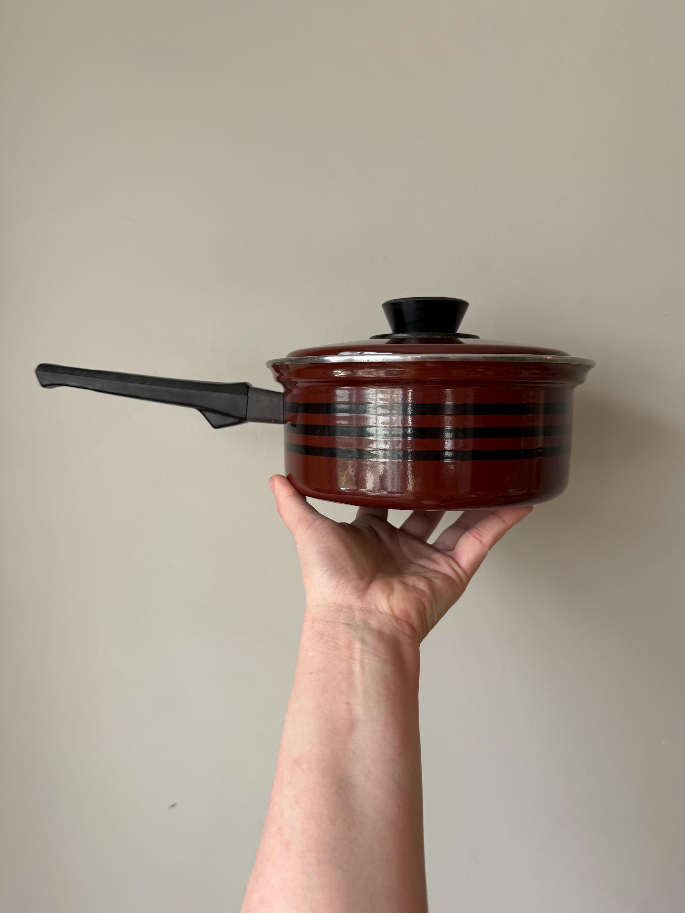Vintage 1970s Austria Email Saucepan: Brown & Black Stripe MCM Pot
