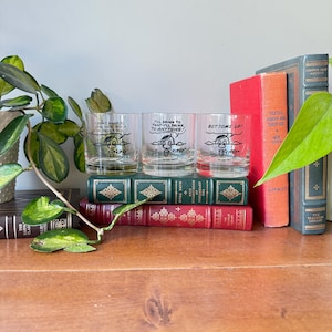 May include: Three clear drinking glasses with black text and cartoon illustrations. The glasses are arranged on a stack of books. The text on the glasses reads: "I don't want to see how much I'm drinking!", "I'll drink to that - I'll drink to anything!", and "Bottoms up!"