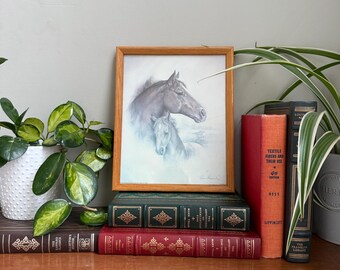 Vintage Ruane Manning Horse Lithograph – Mare and Foal, Natural Wood Frame