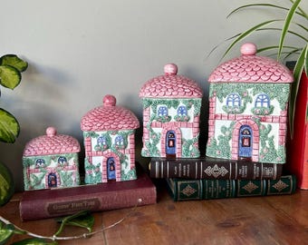 Set of Four Vintage Avon Pink Porcelain Cottage Canister Set, 1980s English House Brick and Vines, Kitchen Collection Cottagecore Charm
