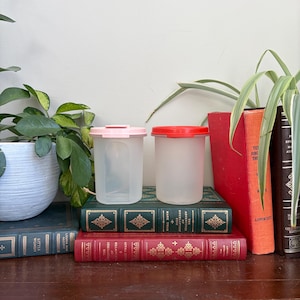 May include: Two translucent plastic storage containers with lids, one featuring a light pink lid and the other a bright red lid. The containers are cylindrical with a smooth finish, positioned side by side on top of stacked hardcover books.