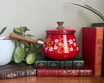 Vintage Imperial International Fondue Pot Red Enamel Floral Japan 1960s MCM