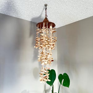 May include: A white seashell wind chime with a brown metal top and a chain hanging from the ceiling. The wind chime is made of many small seashells and is hanging in a corner of a room.