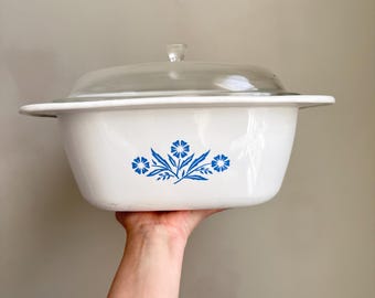 Rare Vintage Corning Ware 16-Cup Dutch Oven – Blue Cornflower – Lidded 4 Qt Casserole with Pyrex Lid – Mid Century Cookware
