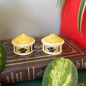 May include: Two ceramic salt and pepper shakers, each resembling a small hut. They have yellow thatched roofs and white walls with a decorative band of black, yellow, and red geometric designs. The shakers are placed on a stack of antique books.