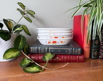 Set of Four Vintage Northland Japan Ovenproof Small / Individual Oval Casserole Dishes / Ramekin Dishes with Handles and Flower Detail - J06