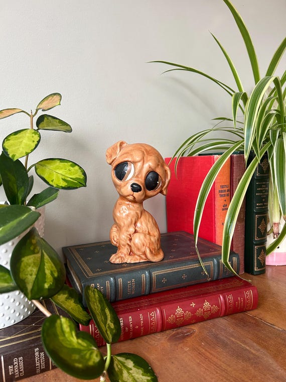 Big, Sad Eyes Vintage Chalkware Puppy Dog, Brown Puppy With Floppy