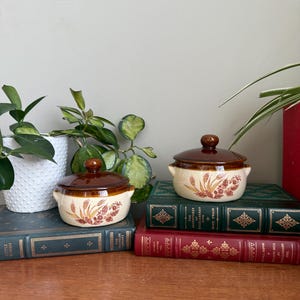 以下が含まれることがあります： 蓋付きのヴィンテージセラミックキャセロール皿2つ。皿はクリーム色で、茶色の縁と蓋、麦の模様があります。古い本の上に置かれています。