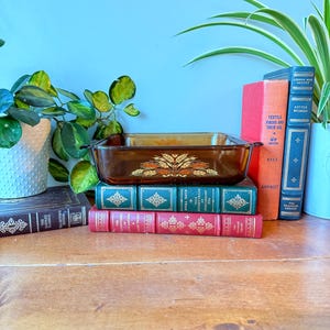 Könnte beinhalten: Ein rechteckiges Backform aus bernsteinfarbenem Glas mit einem floralen Design in Orange und Weiß. Die Form liegt auf einem Stapel alter Bücher mit farbigen Einbänden. Grüne Pflanzen und weitere Bücher sind im Hintergrund.