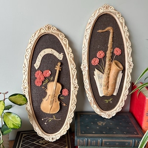 Vintage 1960s Chalkware Wall Relief /Art, Musical Instruments / Violin / Saxophone, by Girotti Sculpture Art, Italian Style Plaster Decor