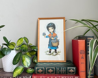 Vintage Big-Eyed Girl Art Print, Mid-Century Kitsch, Wood Frame