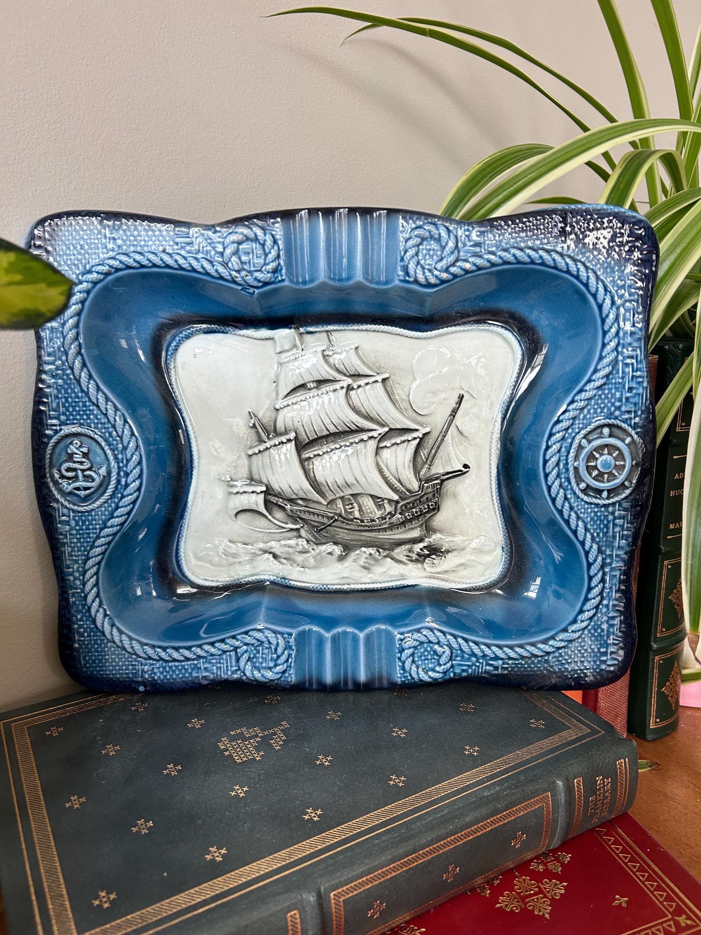 Mid Century Modern Schooner Ashtray, Blue Ceramic Nautical Trinket